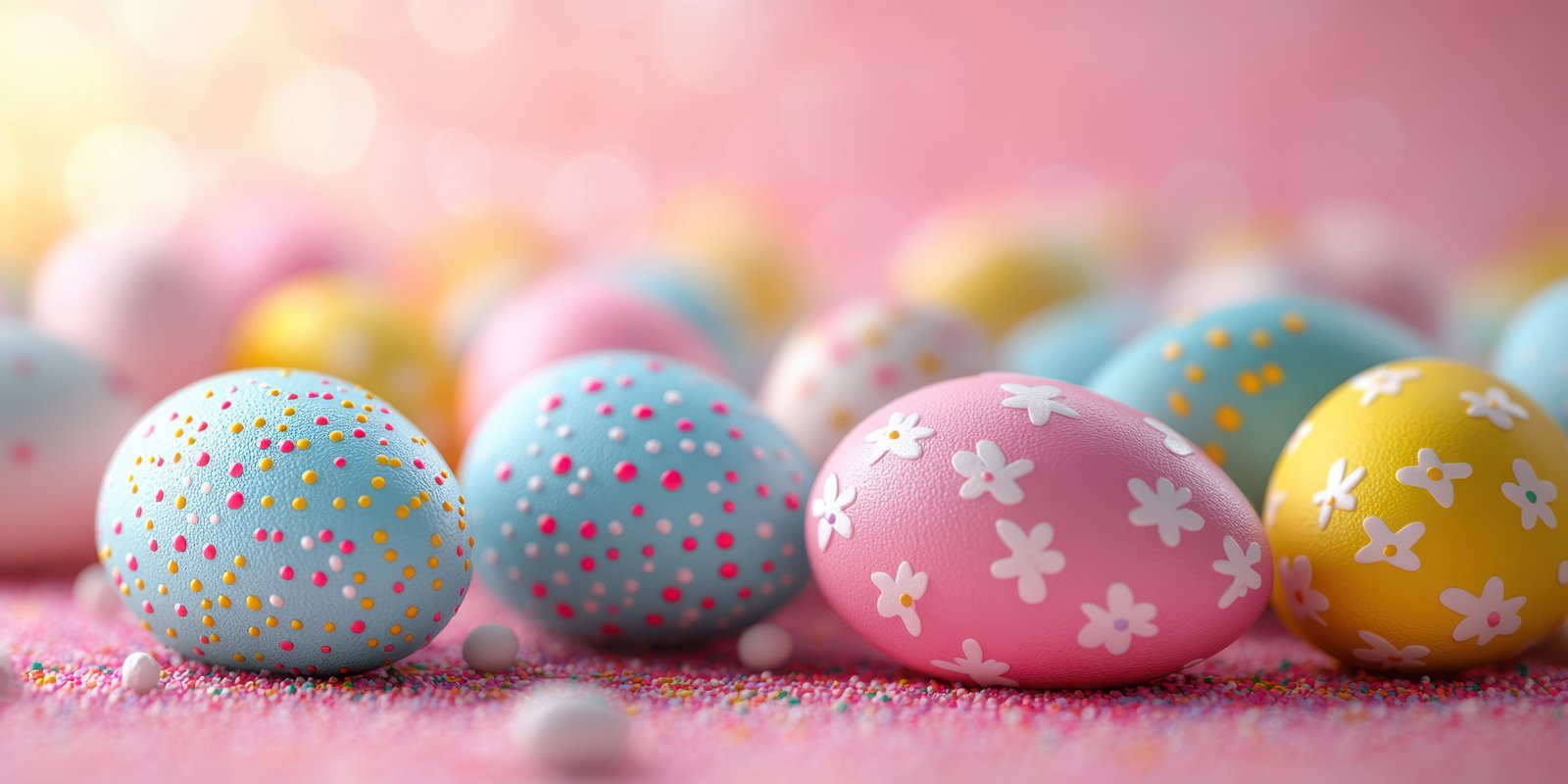 Colorful and decorated Easter eggs arranged on a pastel surface during a spring celebration